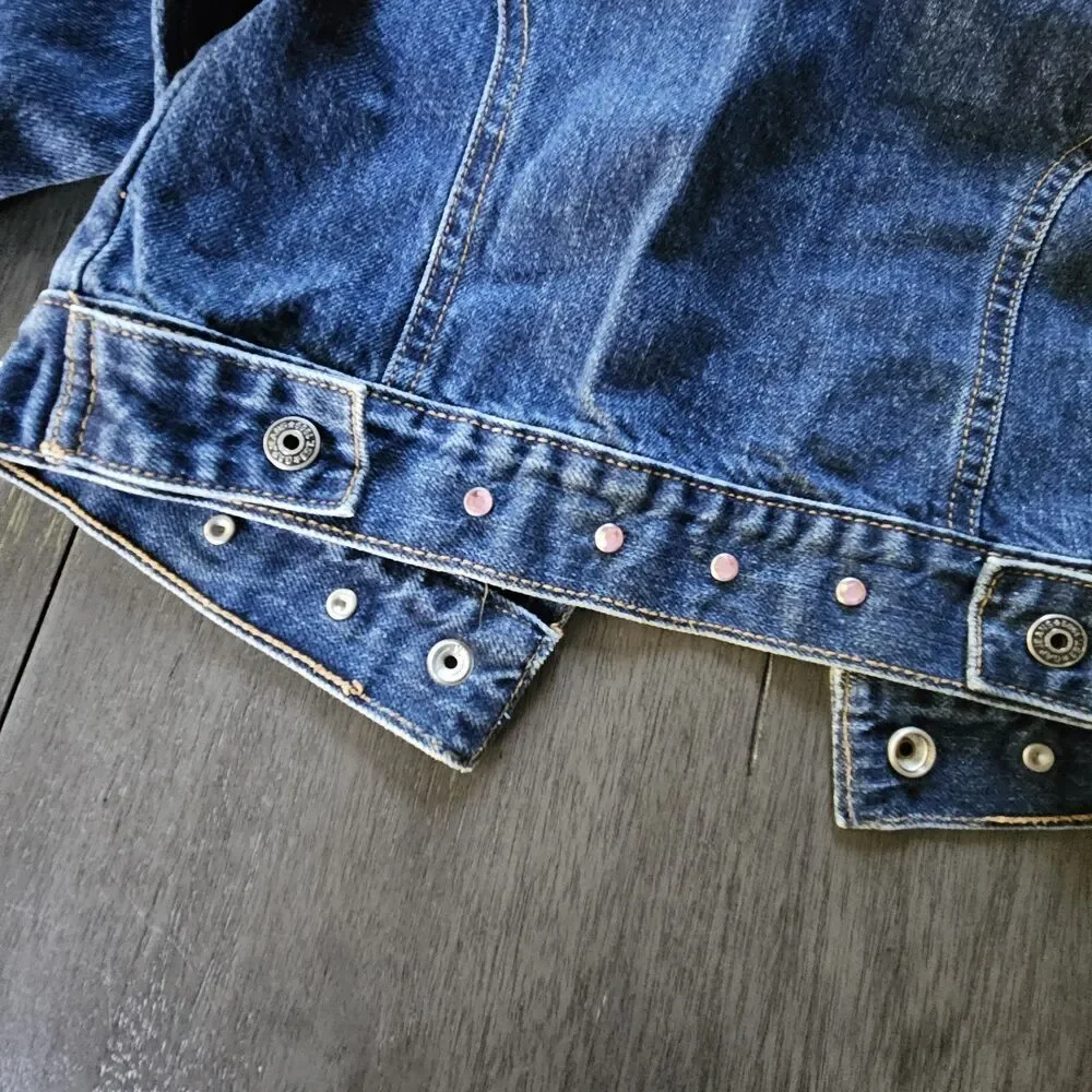 GAP Kids Jean Jacket Girls Size XXS 3 Embroidered Hearts Love Rhinestones